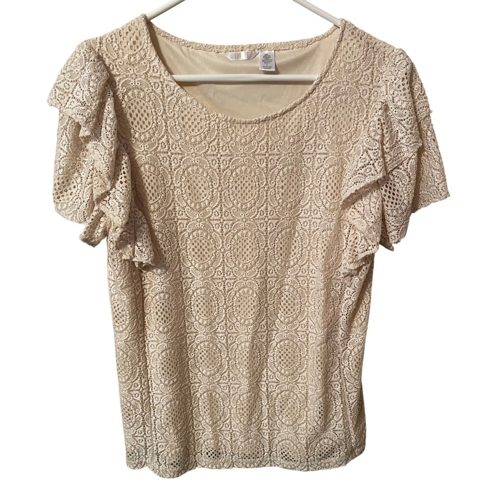 Kaktus Lace Ruffle Flutter Sleeve Blouse Cream Medallion Floral Top L Romantic